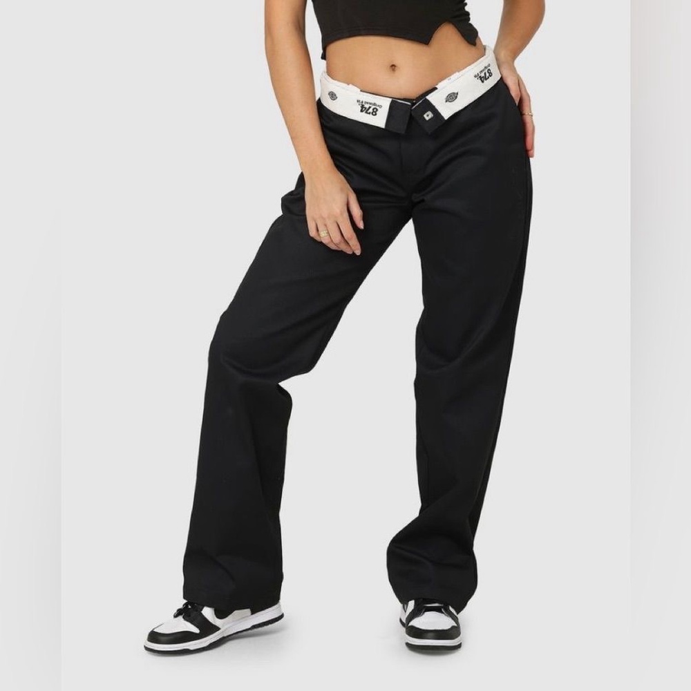 Black Wide-Leg Pants with White Waistband